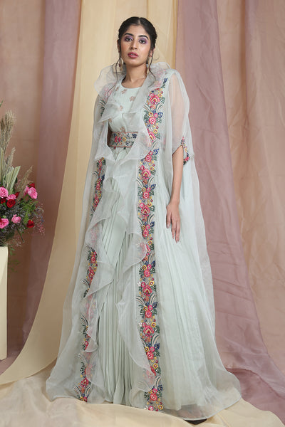 Mint Green Drape Gown With Embroidered Ruffle Cape