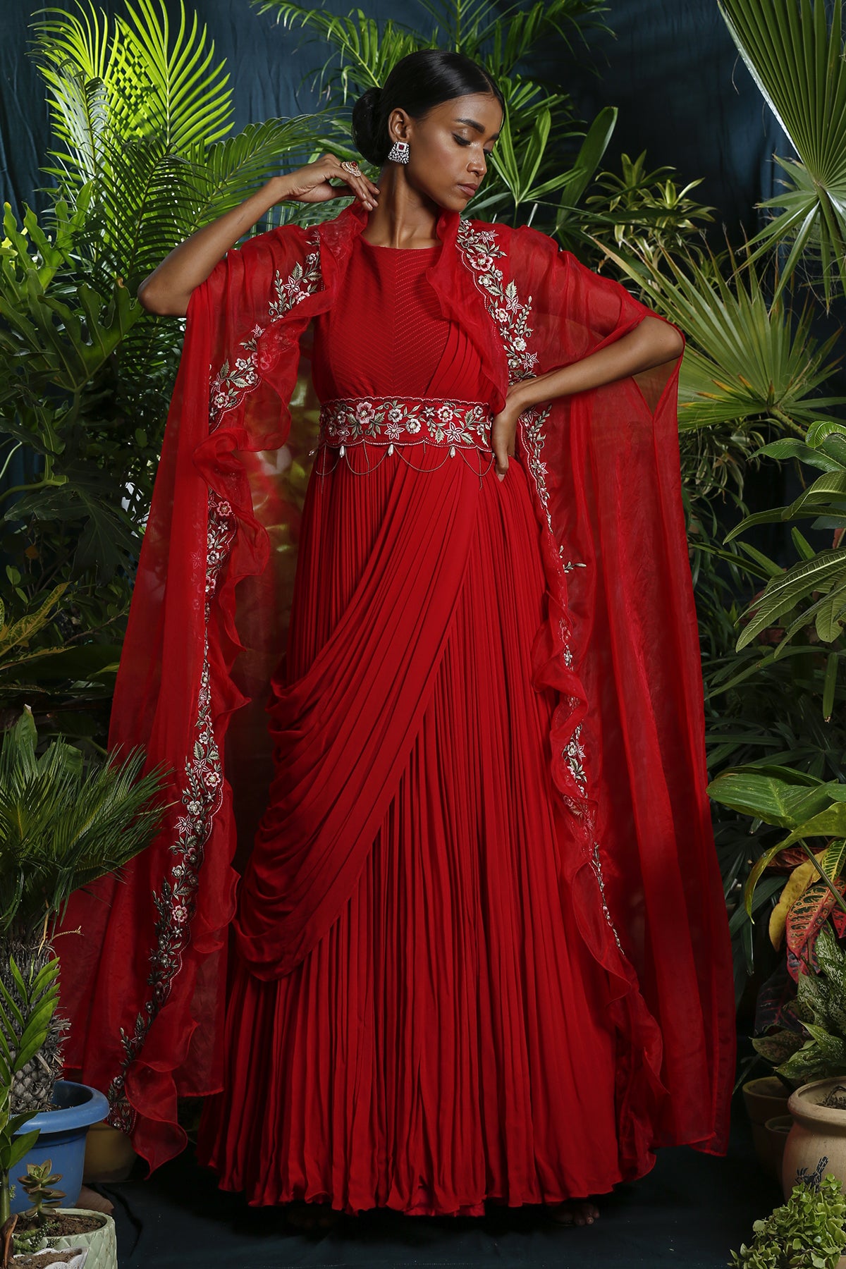 Red Drape Gown With Cape – Miku Kumar Red Drape Gown With Cape – Miku Kumar