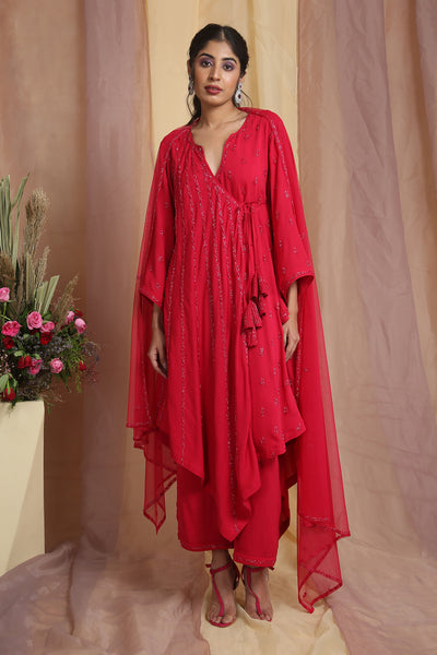 Coral Red Angrakha High Low Suit