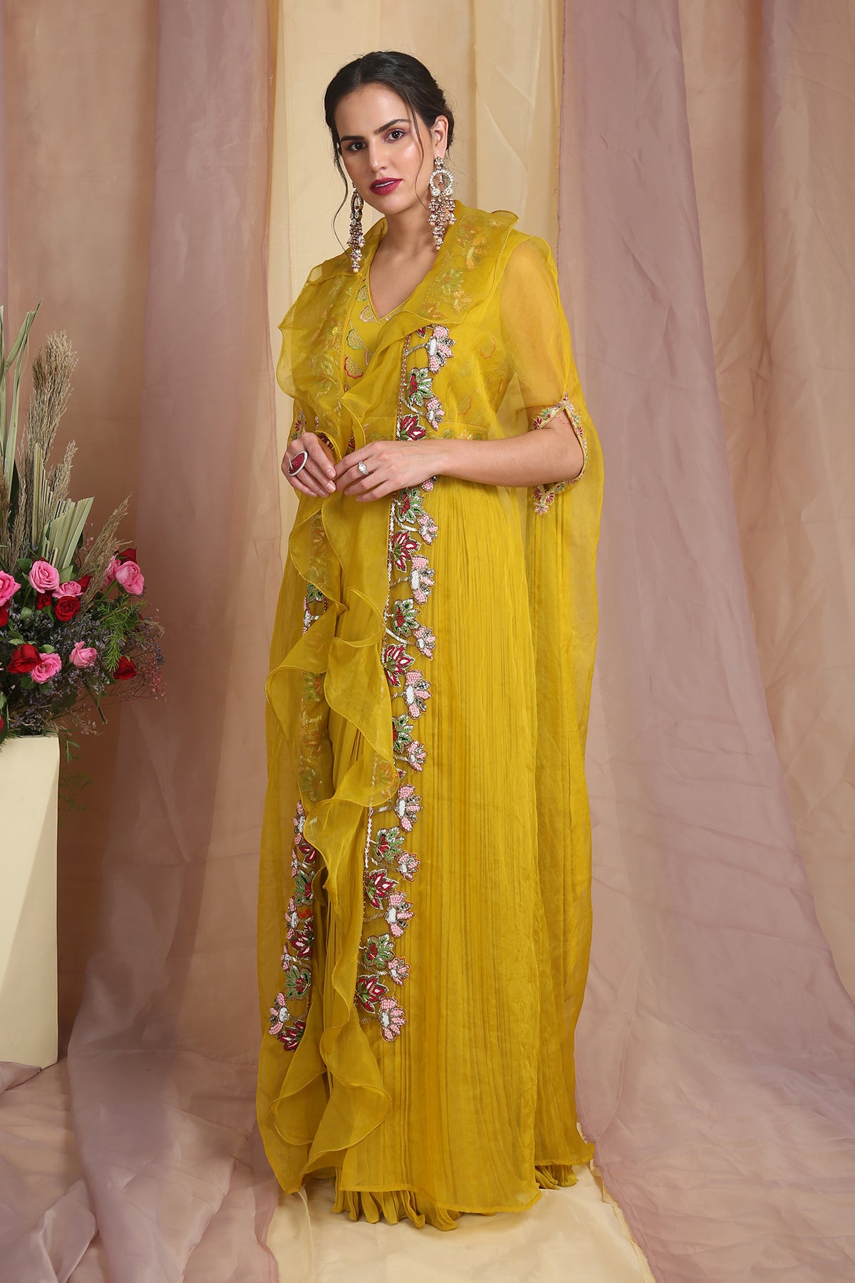 Radiant Yellow Drape Gown With Cape