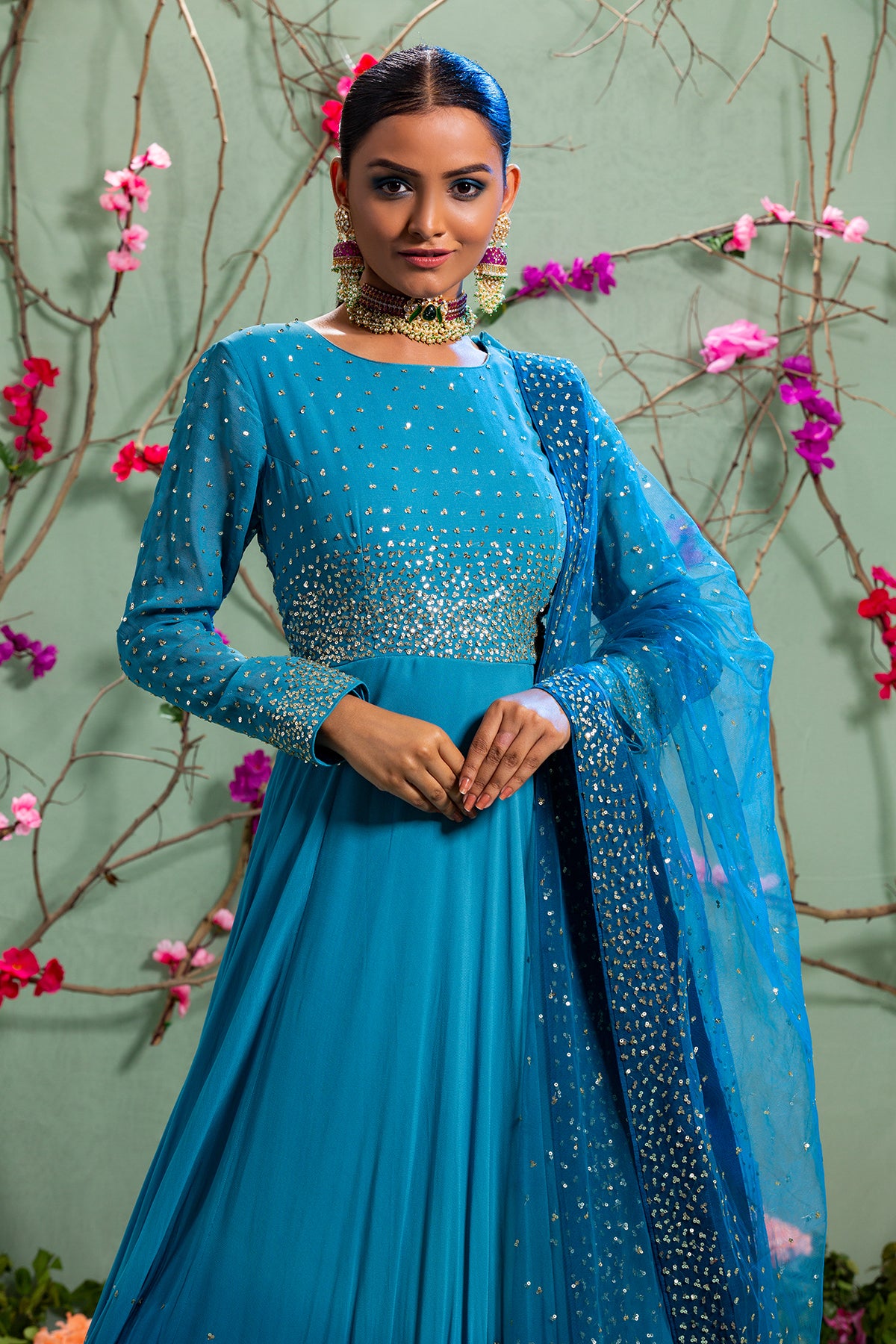 Teal Feroza Hand Crafted Ombre Anarkali