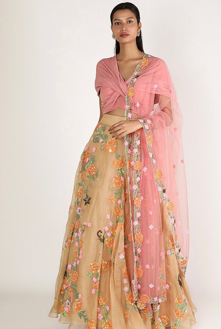BEIGE AND PINK EMBROIDERED LEHENGA