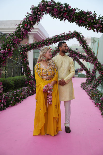 BRIDE: SARAH KELLY IN CUSTOM ANAHIRA CAPE WITH SKIRT AND CHOLI