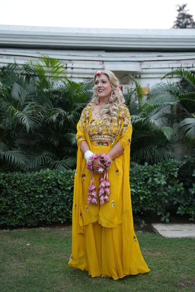 BRIDE: SARAH KELLY IN CUSTOM ANAHIRA CAPE WITH SKIRT AND CHOLI