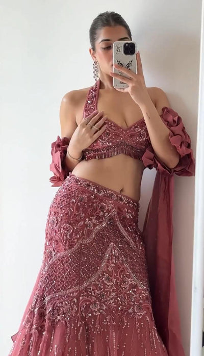 Sukhmani Gambhir in Cerise Fish Cut Lehenga