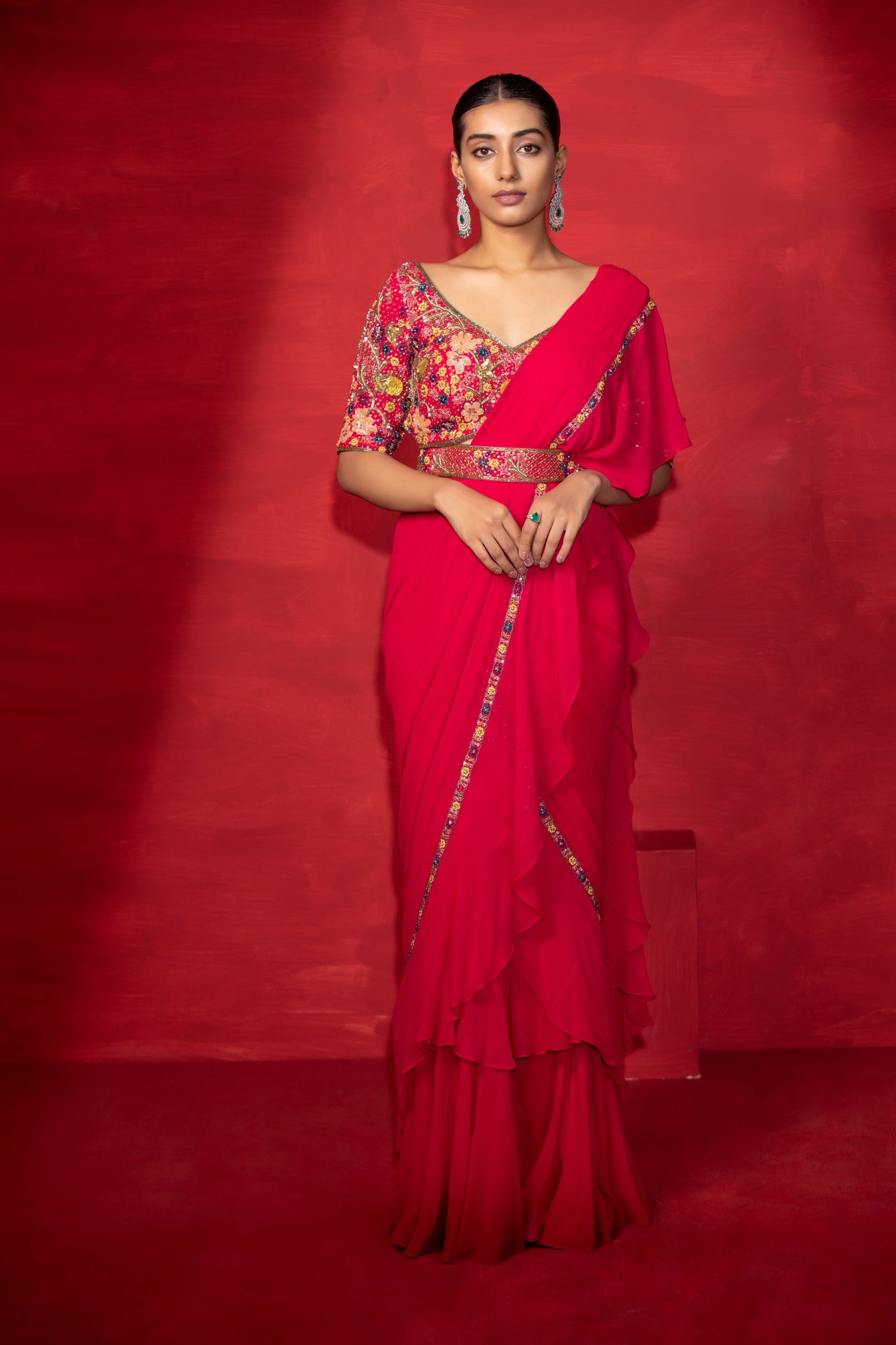 RUFFLE SAREE WITH EMBROIDERED BLOUSE AND BELT