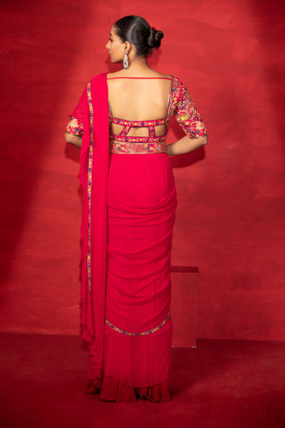 RUFFLE SAREE WITH EMBROIDERED BLOUSE AND BELT