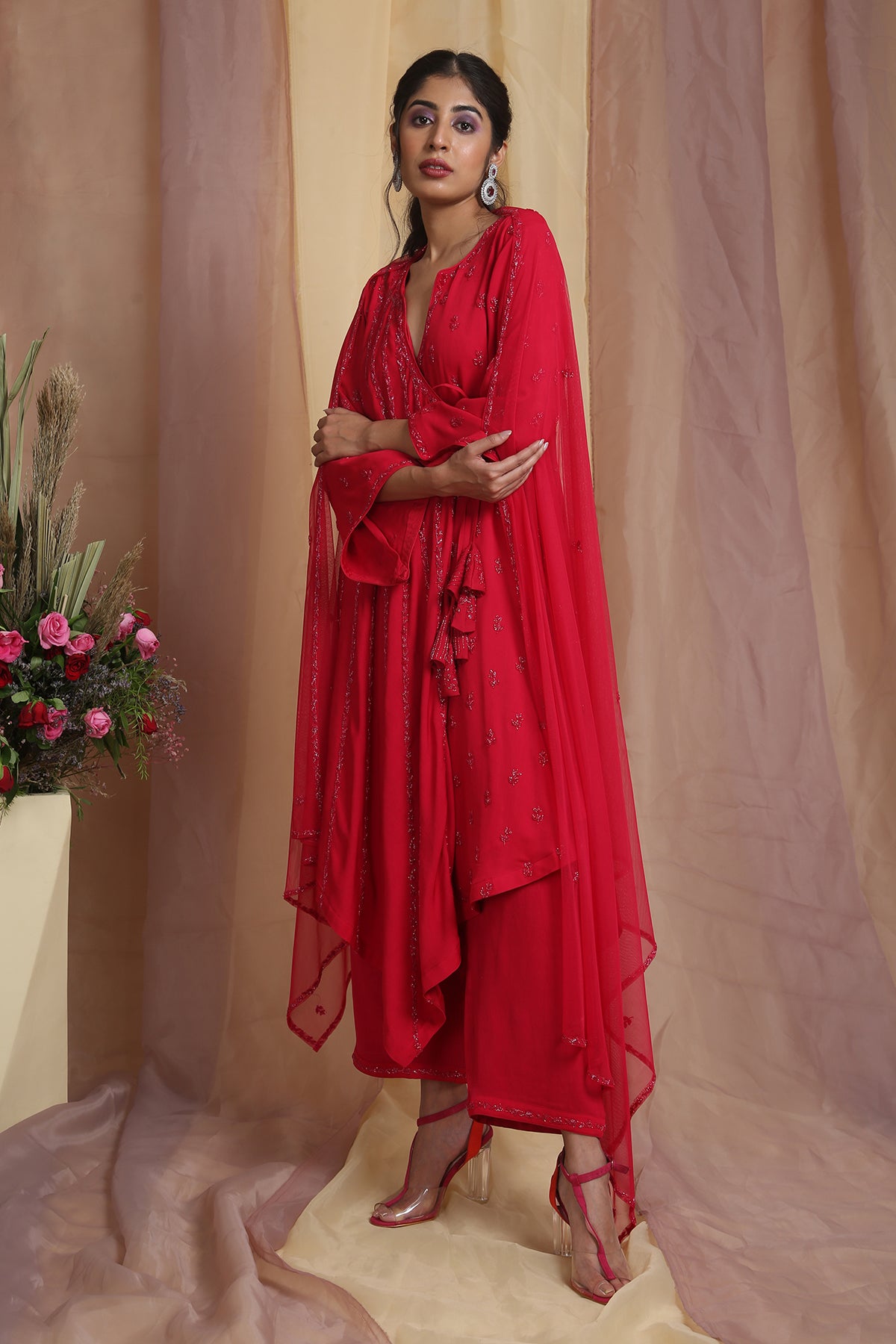 Coral Red Angrakha High Low Suit