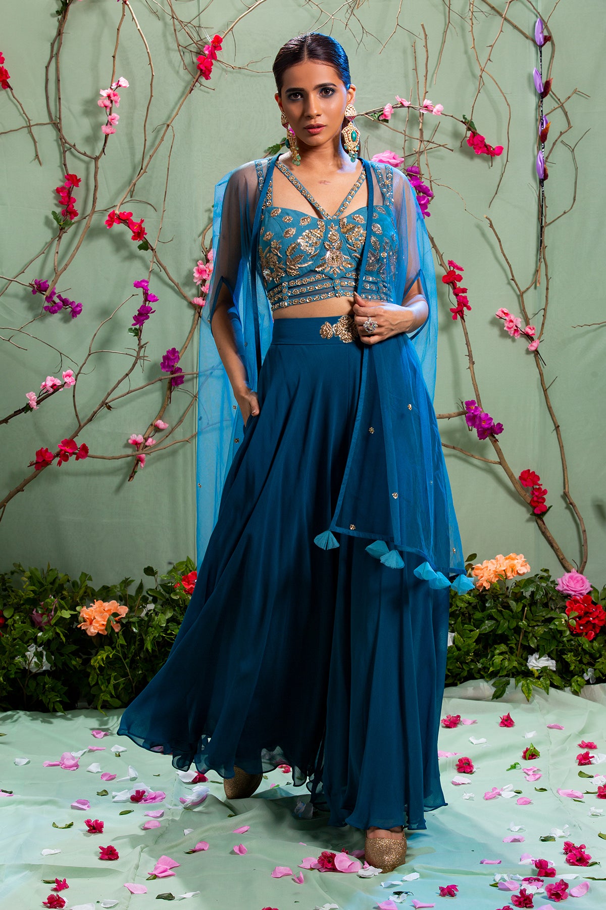 Blue Embroidered Cape Set