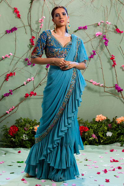 Blue Hand Embroidered Saree Set With Belt