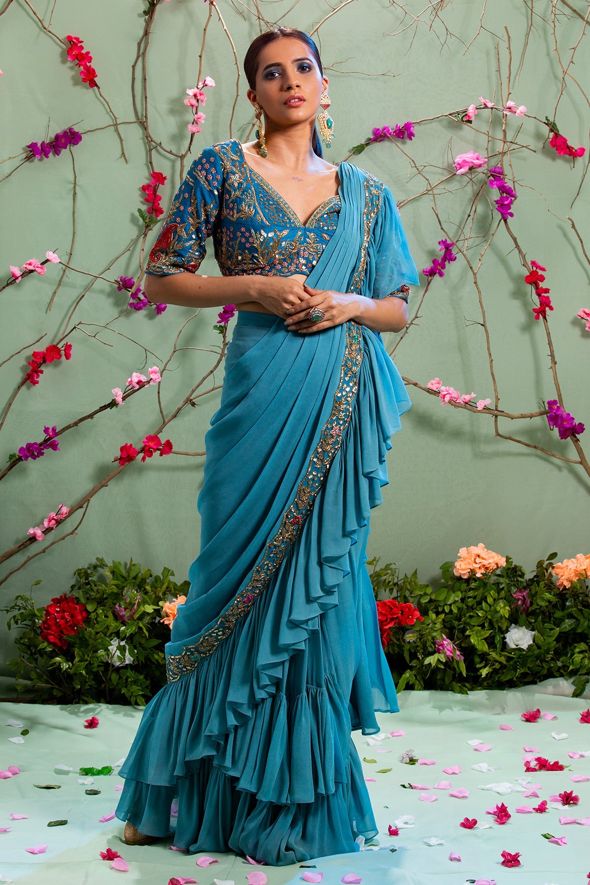 Heena Somani in Blue Hand Embroidered Saree Set With Belt