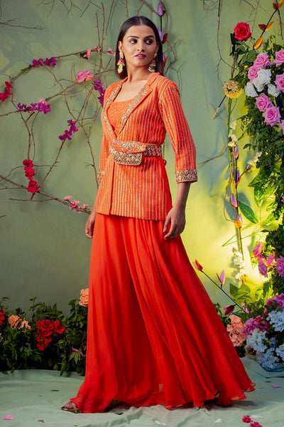 Heena Somani in Orange Jacket Indo Western Jacket With Palazzo, Inner With Belt Bag