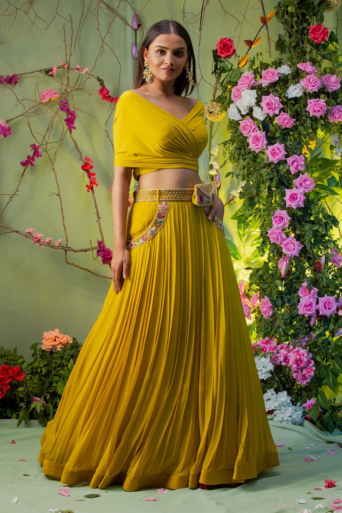 Curl Girl Official in Yellow Embroidered Skirt Set With Belt Bag