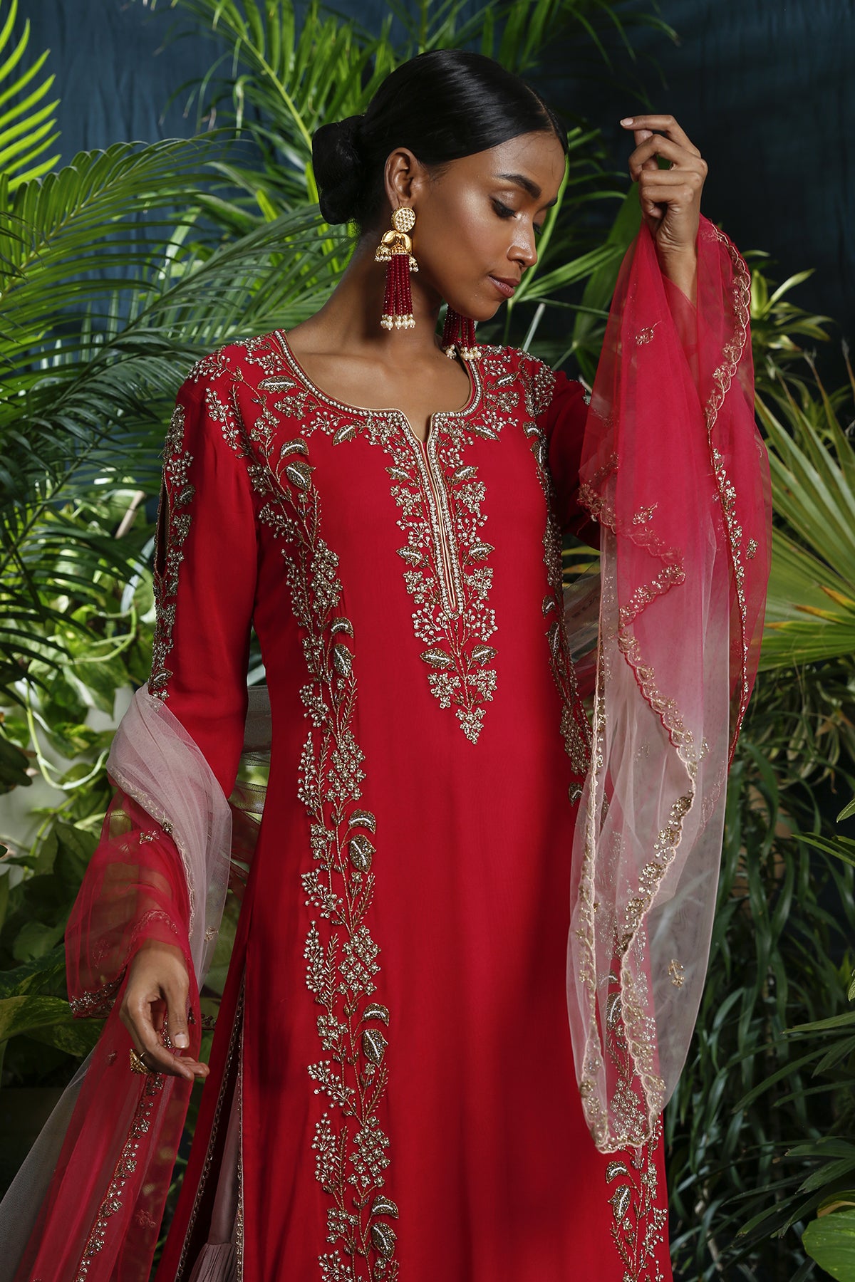 Cherry Red Pearl Work Gharara Suit