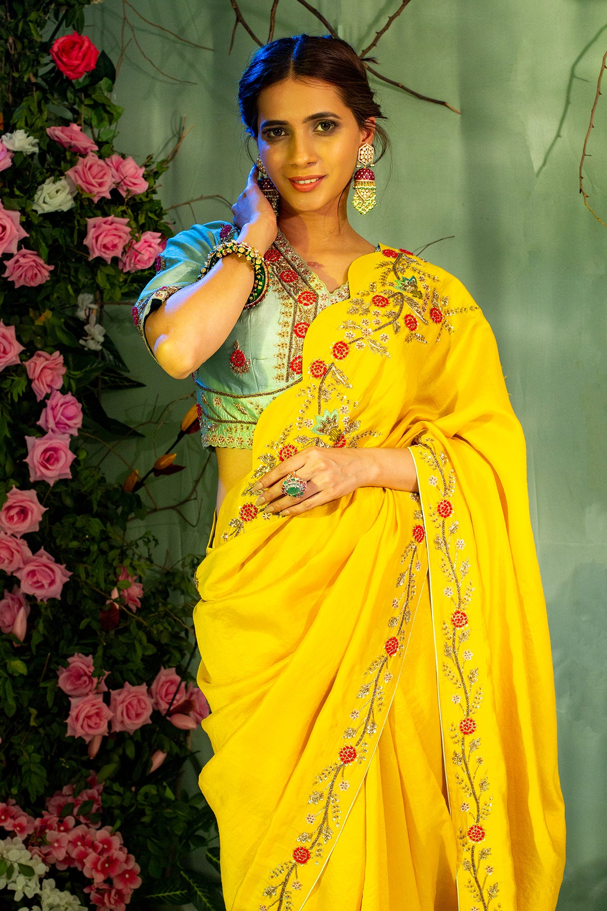 Yellow Hand Crafted Saree With Mint Green Choli