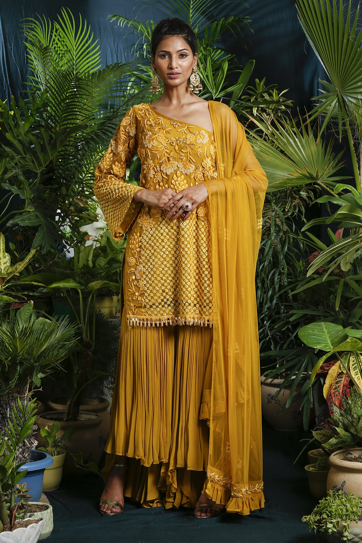 Yellow One Shoulder High Low Gharara Suit