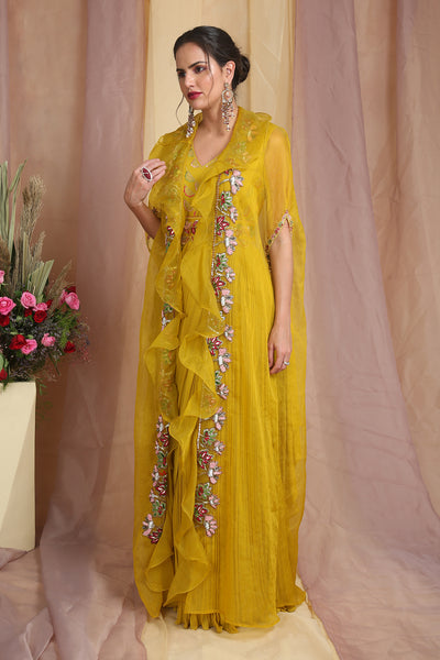 Radiant Yellow Drape Gown With Cape
