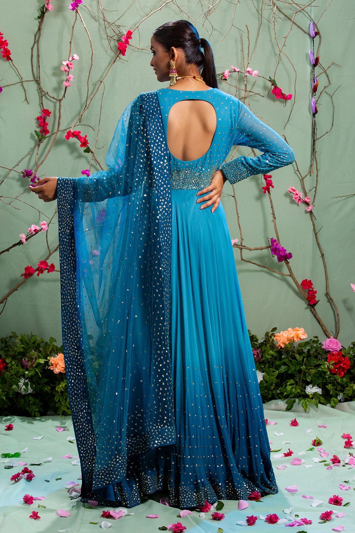 Teal Feroza Hand Crafted Ombre Anarkali