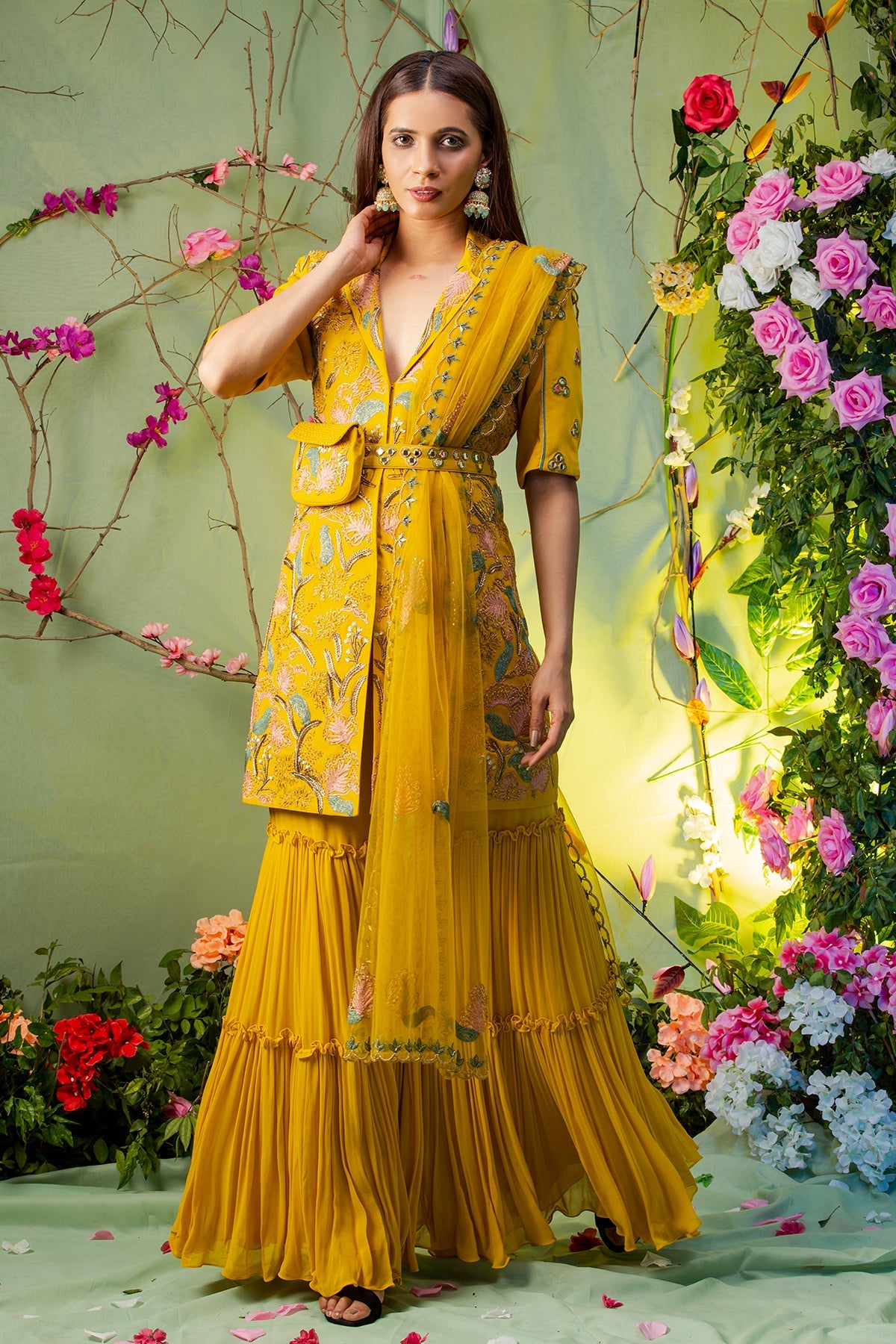 Thank God ItsFashion In Yellow Embroidered Jacket Gharara Set