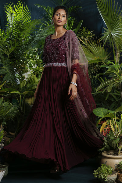 Wine Sequence Embroidered Gown