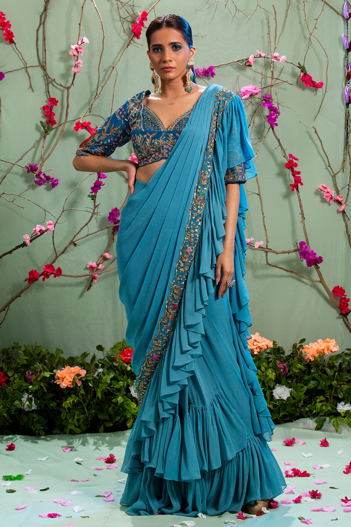 Blue Hand Embroidered Saree Set With Belt