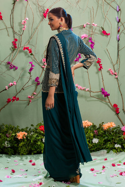 Heena Somani in Peacock Blue Embroidered Jacket Saree Set