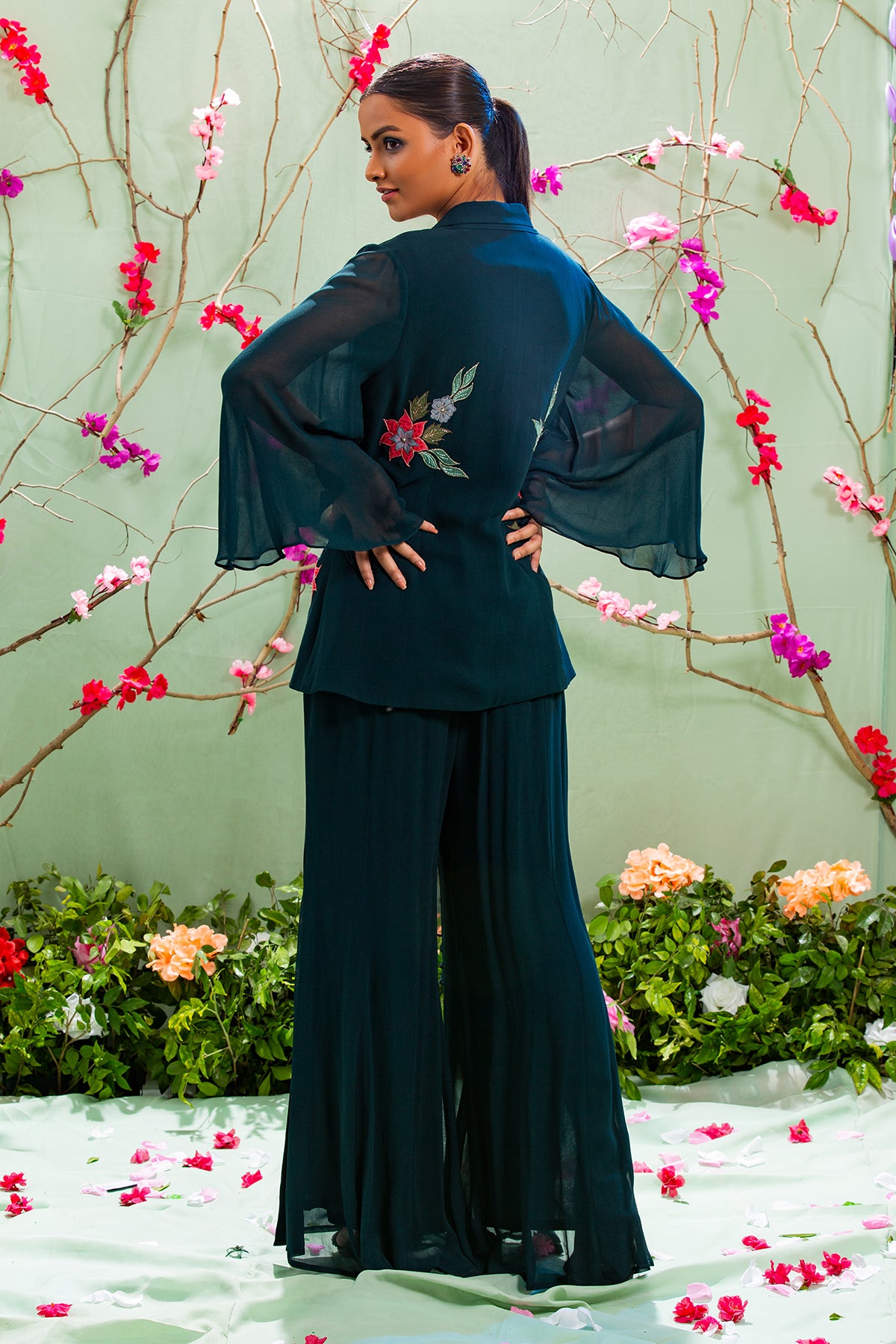 Peacock Blue Embroidered Jacket Set