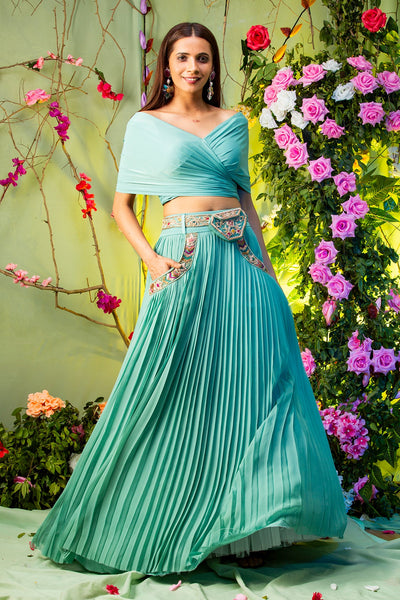 Thank God ItsFashion In Sea Green Embroidered Skirt Set