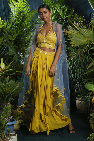 Yellow Corset With Drape Skirt And Cape
