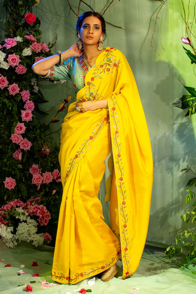 Yellow Hand Crafted Saree With Mint Green Choli