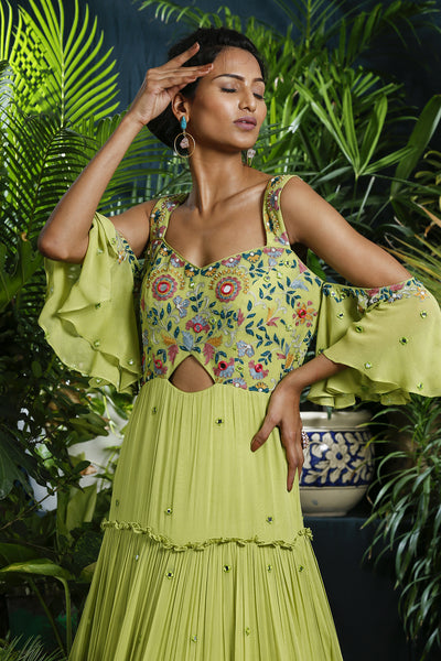 Green Embroidered Falling Sleeve Gown