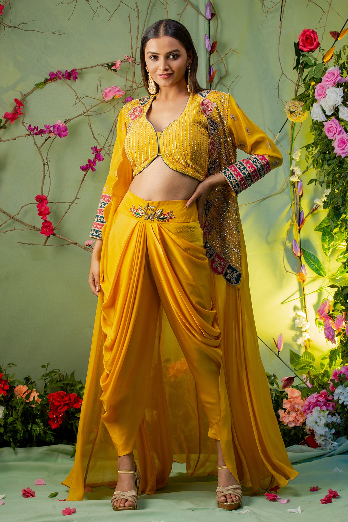 Yellow Embroidered Cape Set