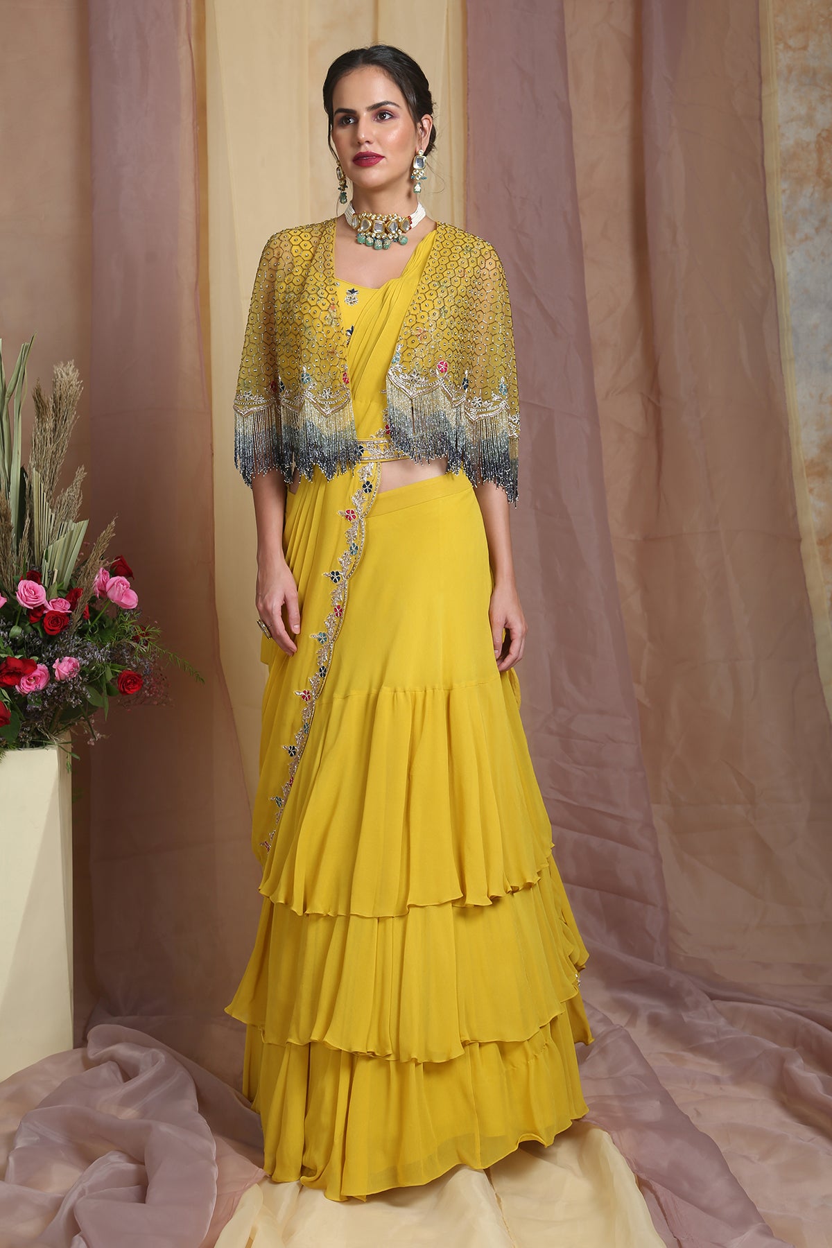 Buy Yellow Saree Georgette Printed Floral Butta Lehenga With Blouse For  Women by KYROSS Online at Aza Fashions.