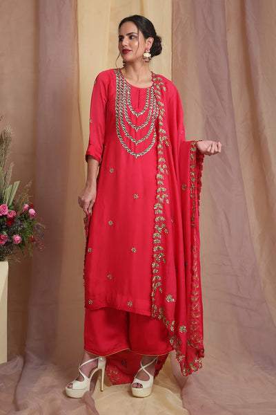 Coral Red Embroidered Palazzo Suit Set