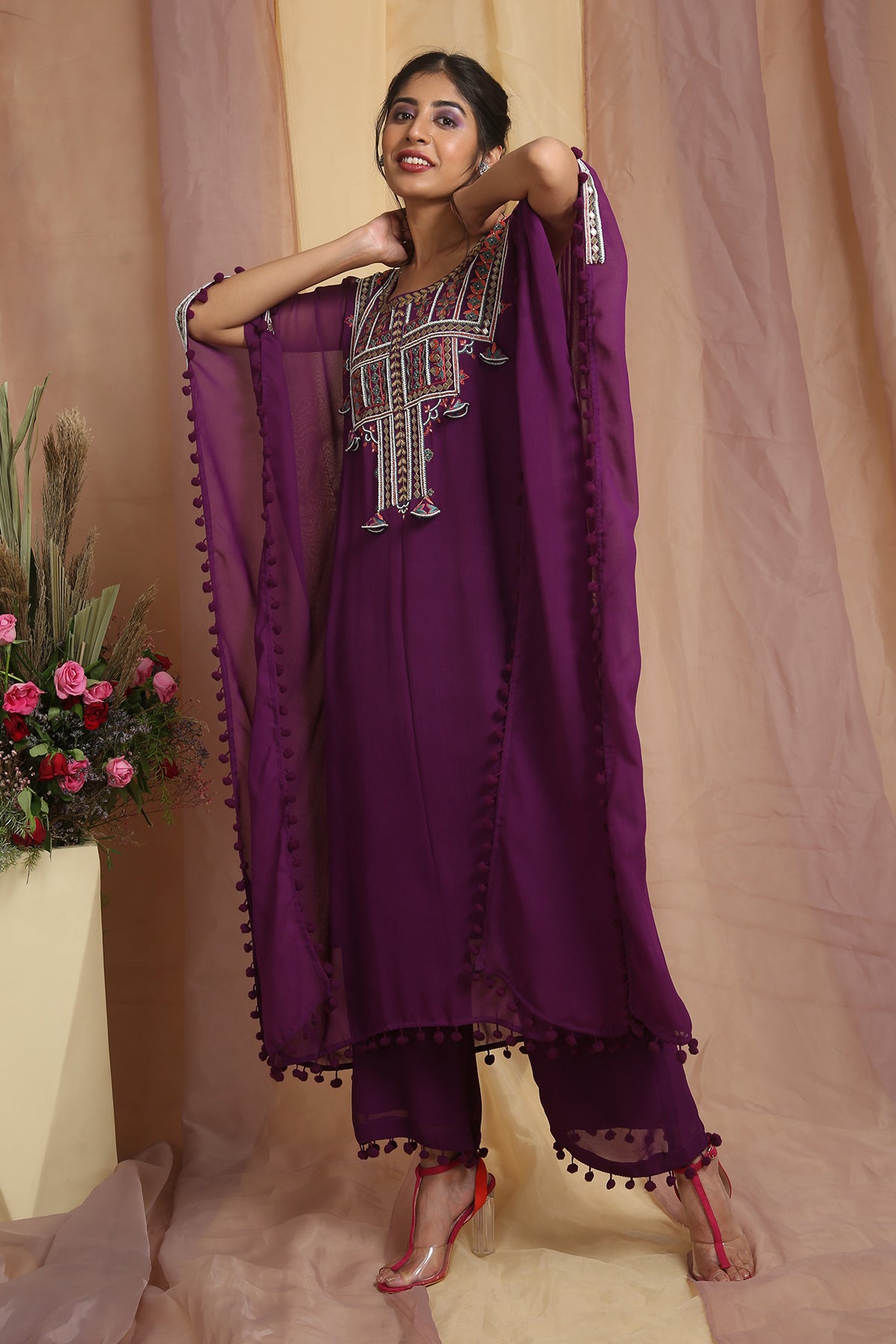 Purple Multi Color Embroidered Kaftan Set