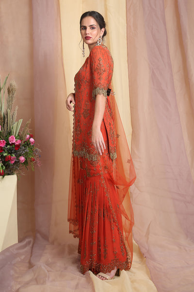 Rust Hand Embroidered Sharara Suit