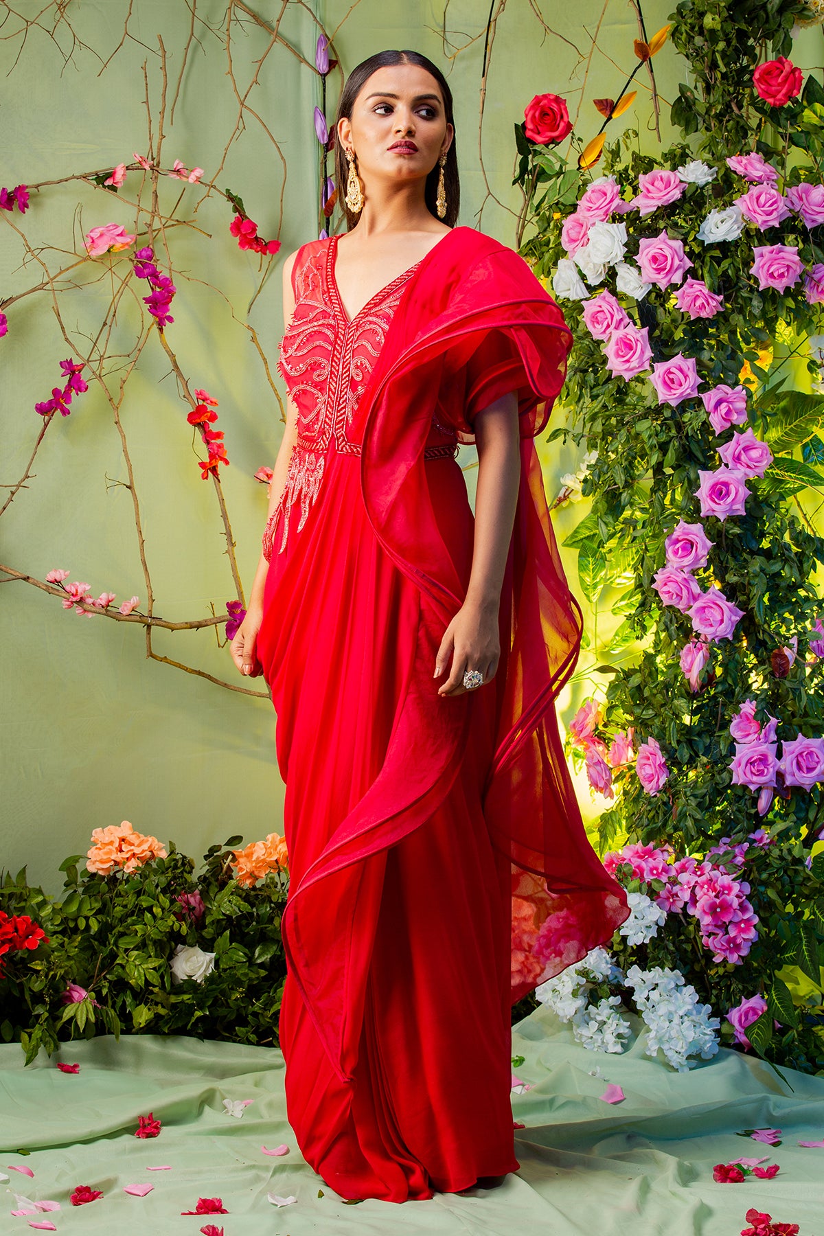 Coral Red Drape Gown Saree