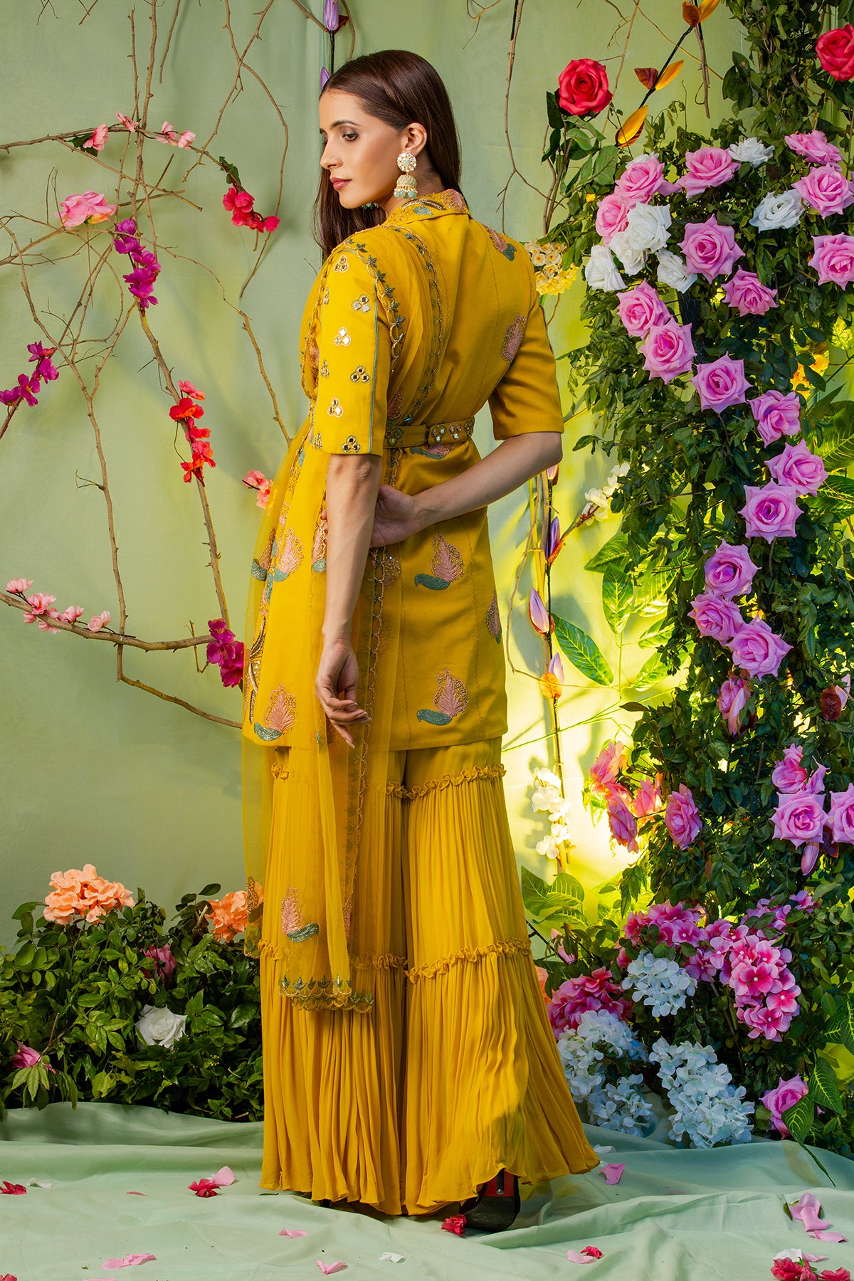 Yellow Embroidered Jacket Gharara Set