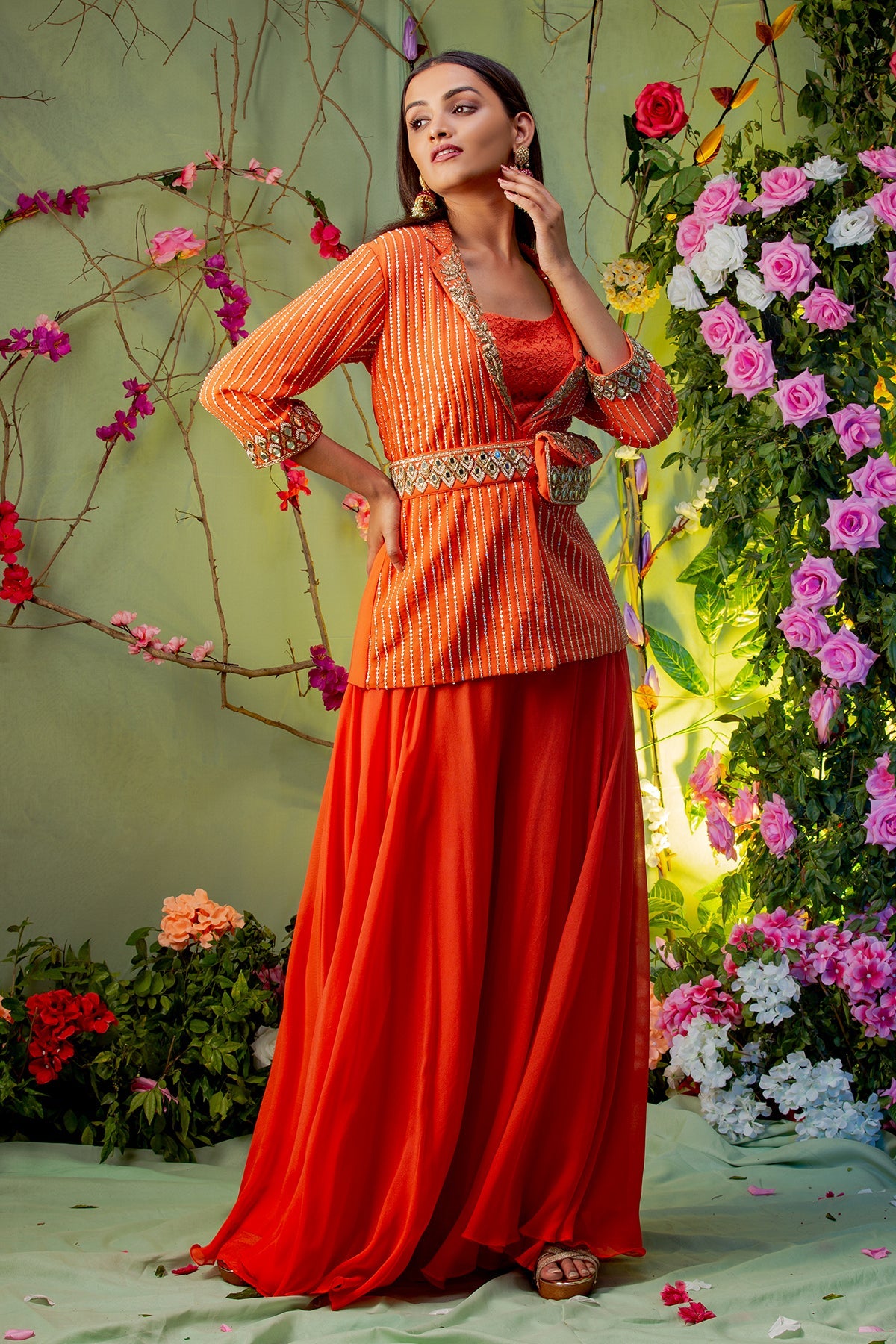 Heena Somani in Orange Jacket Indo Western Jacket With Palazzo, Inner With Belt Bag