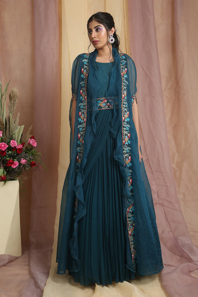 Peacock Blue Drape Gown With Cape And Belt