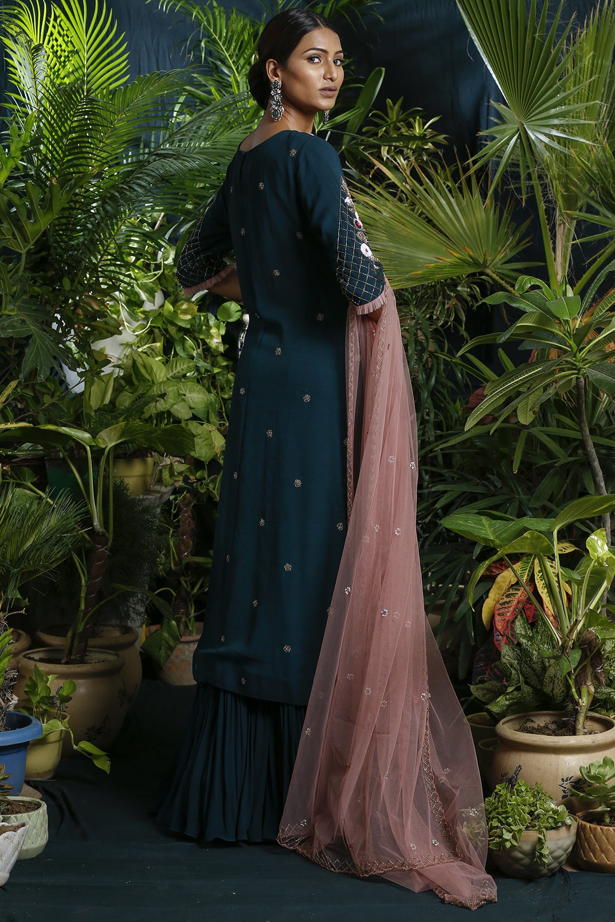 Teal Green Embroidered Gharara Suit