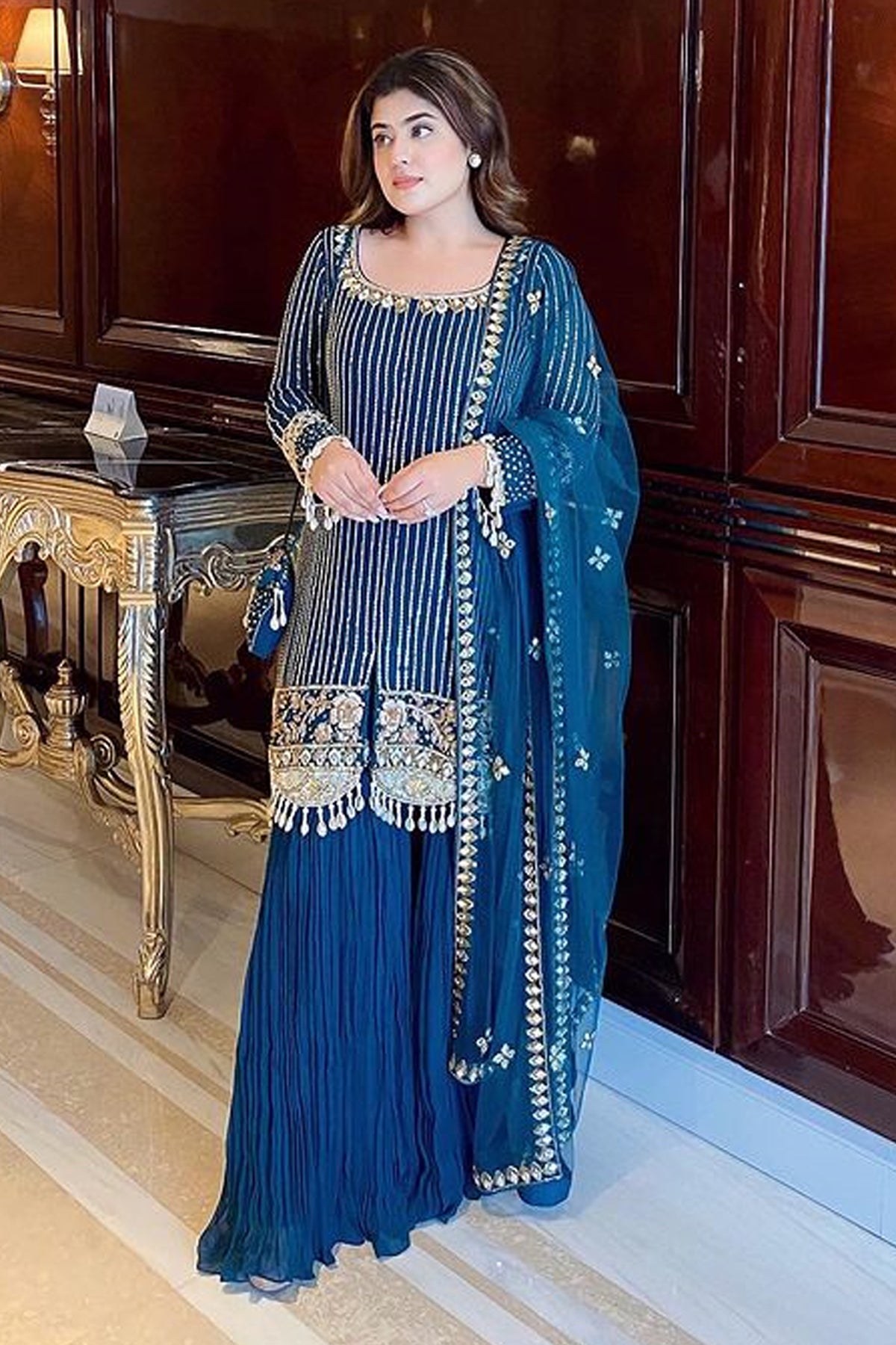 Curl Girl Official in  Teal Blue Embroidered Gharara Set