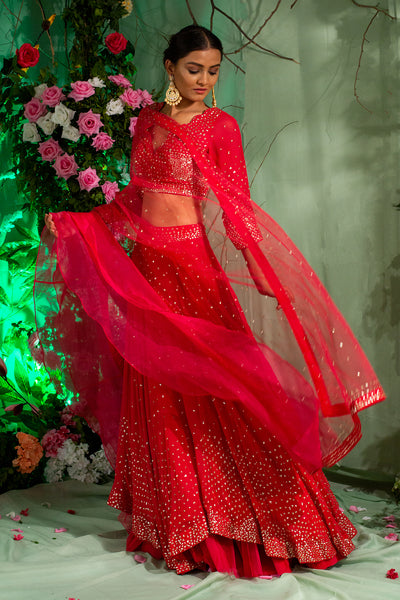 Afropop Coral Red High Low Lehenga