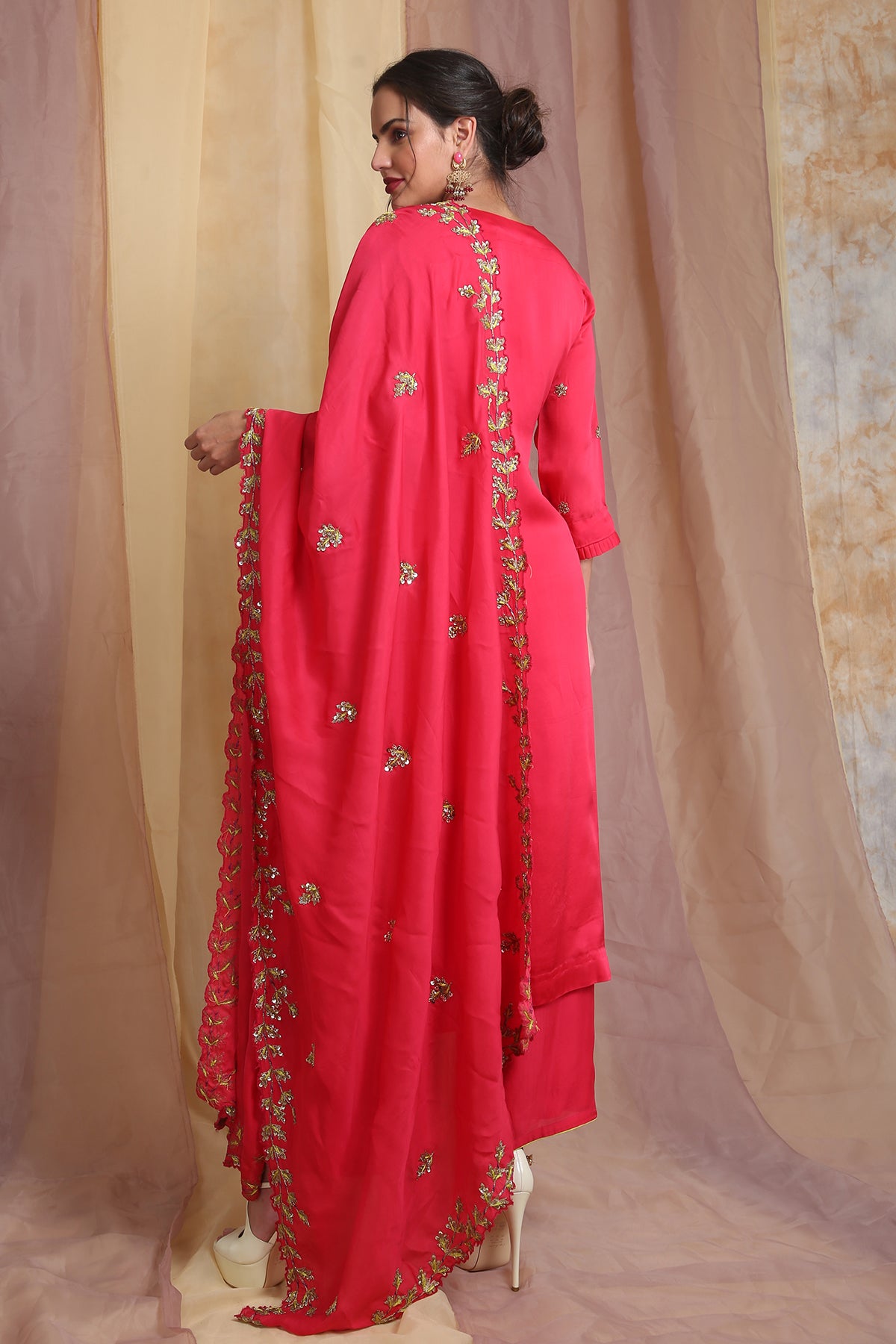 Coral Red Embroidered Palazzo Suit Set