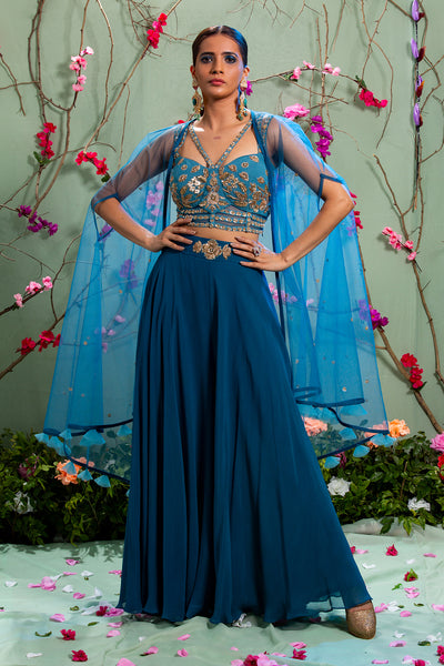 Blue Embroidered Cape Set