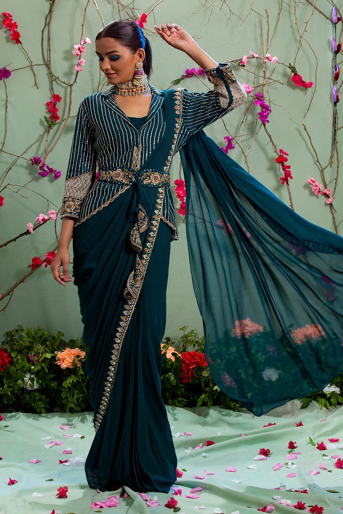Heena Somani in Peacock Blue Embroidered Jacket Saree Set