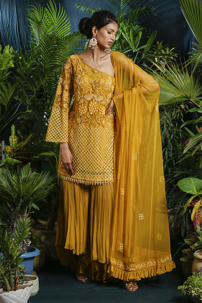 Yellow One Shoulder High Low Gharara Suit