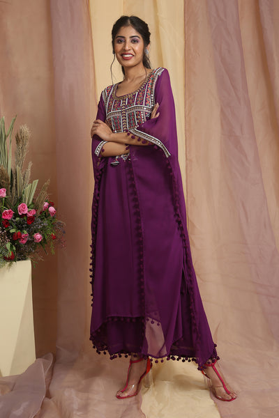 Purple Multi Color Embroidered Kaftan Set