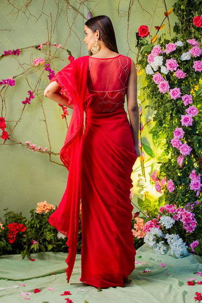 Coral Red Drape Gown Saree