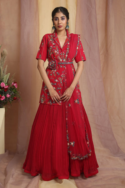 Shreya Ghoshal in Cherry Red Jacket Skirt Set